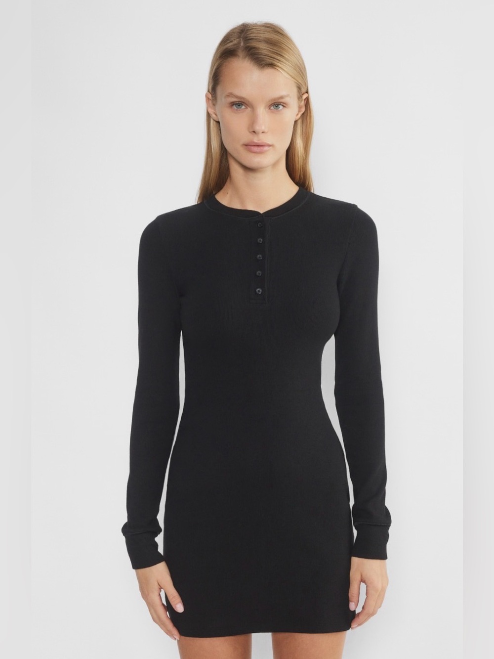 Aritzia TNA Ribbed Henley Dress | Size Small | Black | Figure-Hugging Mini Dress